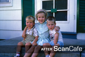 Same image of 3 children, shot in 35mm film, with noticeable changes to photo clarity and quality