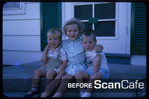 Image of 3 children, shot in 35mm film with noticeable photo damage